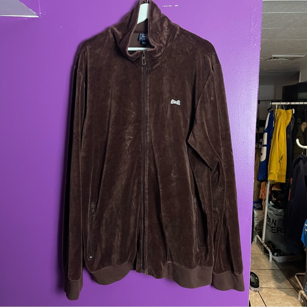 🐅 LE TIGRE chocolate brown velour velvet zip up track jacket XL 🐅